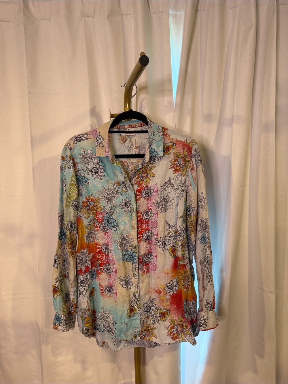Tianello Linen Colorful Floral Button-Up Shirt - Multicolor Small